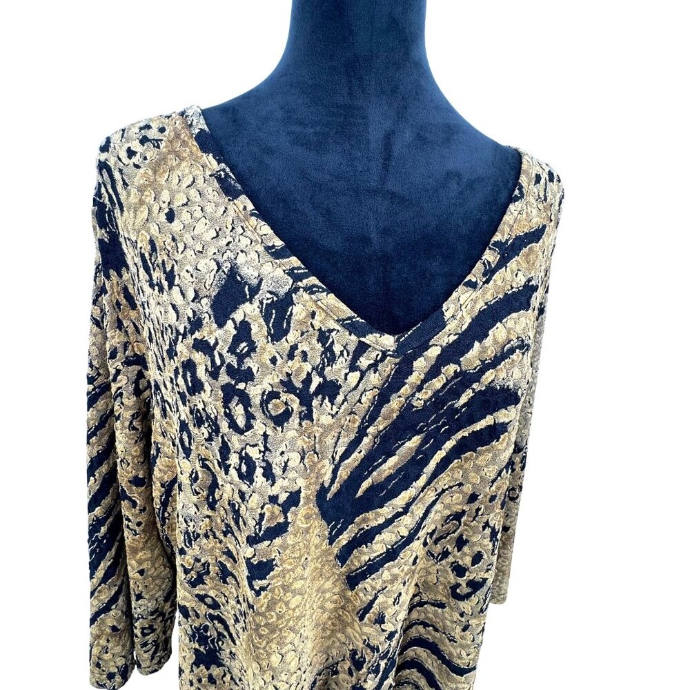 Avenue Animal Print Tunic Top Womens Size 22 Oversized Black Gold‎ Stretchy Vtg